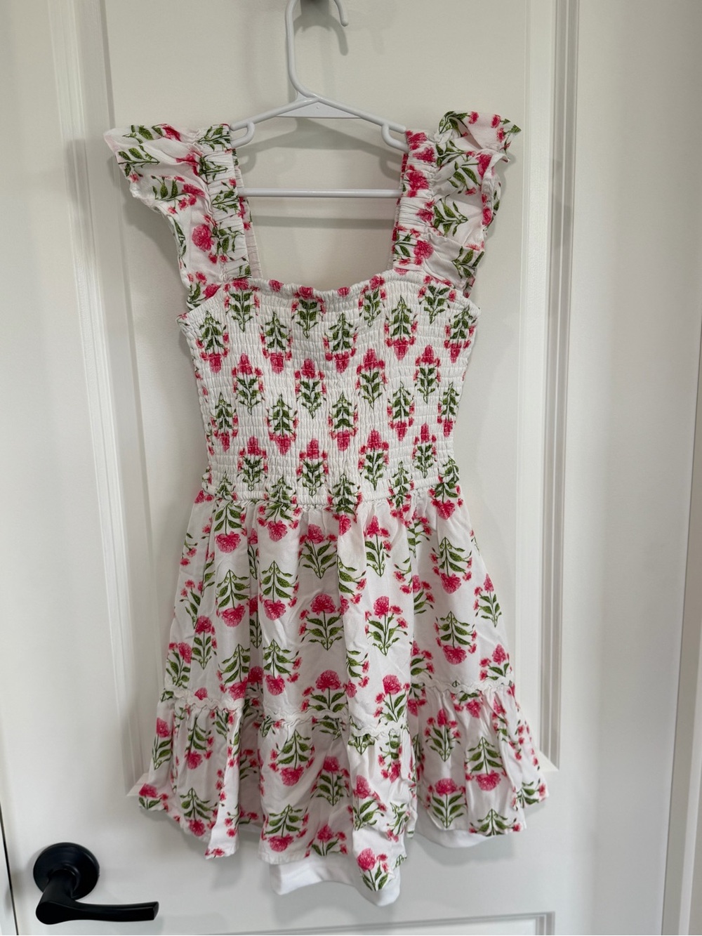 Rare Editions White Smocked Sundress with Pink & Green Floral Print